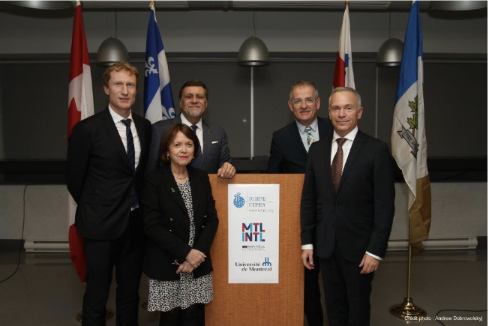 From left to right:  Marc Miller, Parliamentary Secretary to the Minister of Infrastructure and Communities and the Member of Parliament for Ville-Marie—Le Sud-Ouest—Île-des-Sœurs; Mr. John Allegrante, Vice President, Fundraising and Marketing, IUHPE; Marie-Claude Lamarre, Executive Director, IUHPE; Prof. Réjean Hébert, Dean of the l’École de santé publique de l’Université de Montréal; Mr. Stéphane Paquet, Vice President, Foreign Investments & International Organizations, Montréal International.