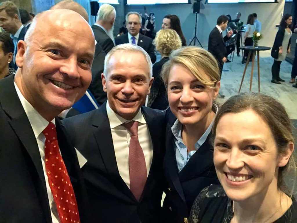 Christoph Schewe, IFALPA's Managing Director, Stéphane Paquet, Vice President, Foreign Investments & International Organizations, at Montréal International, Mélanie Joly, Minister of Economic Development and Official Languages, and France Brosseau, Senior Director, International Organizations, at Montréal International.